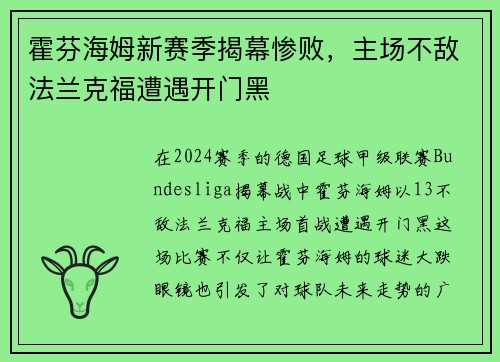 霍芬海姆新赛季揭幕惨败，主场不敌法兰克福遭遇开门黑